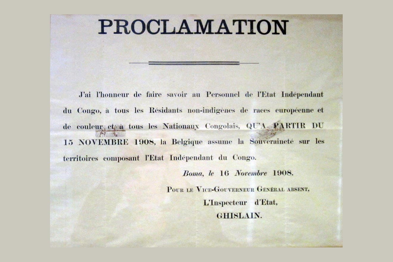 Proclamatie die aankondigt dat België met ingang van 15 november 1908 de soevereiniteit over de Onafhankelijke Congostaat op zich neemt