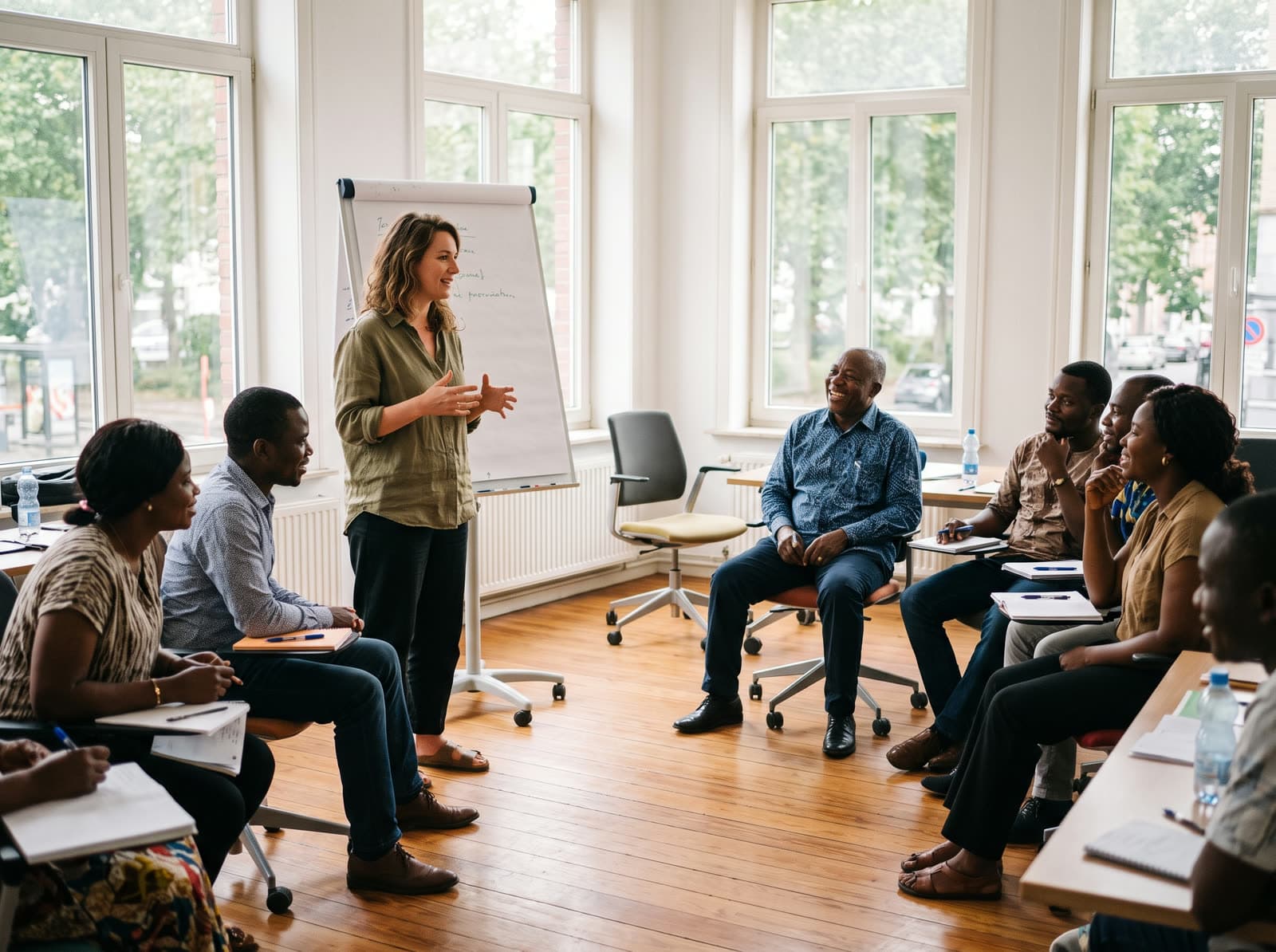 A facilitator leading a workshop before a semicircle of participants