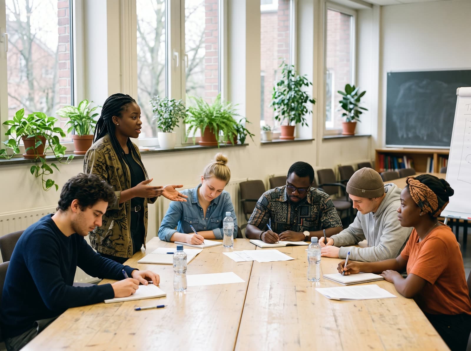 De jeunes participants belges et congolais travaillant autour d'une table de séminaire