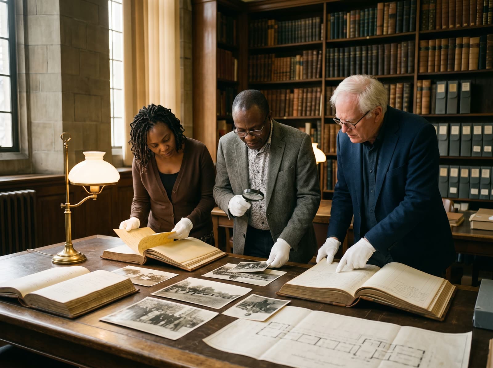 Trois historiens gantés examinant des documents d'archive, en salle de lecture