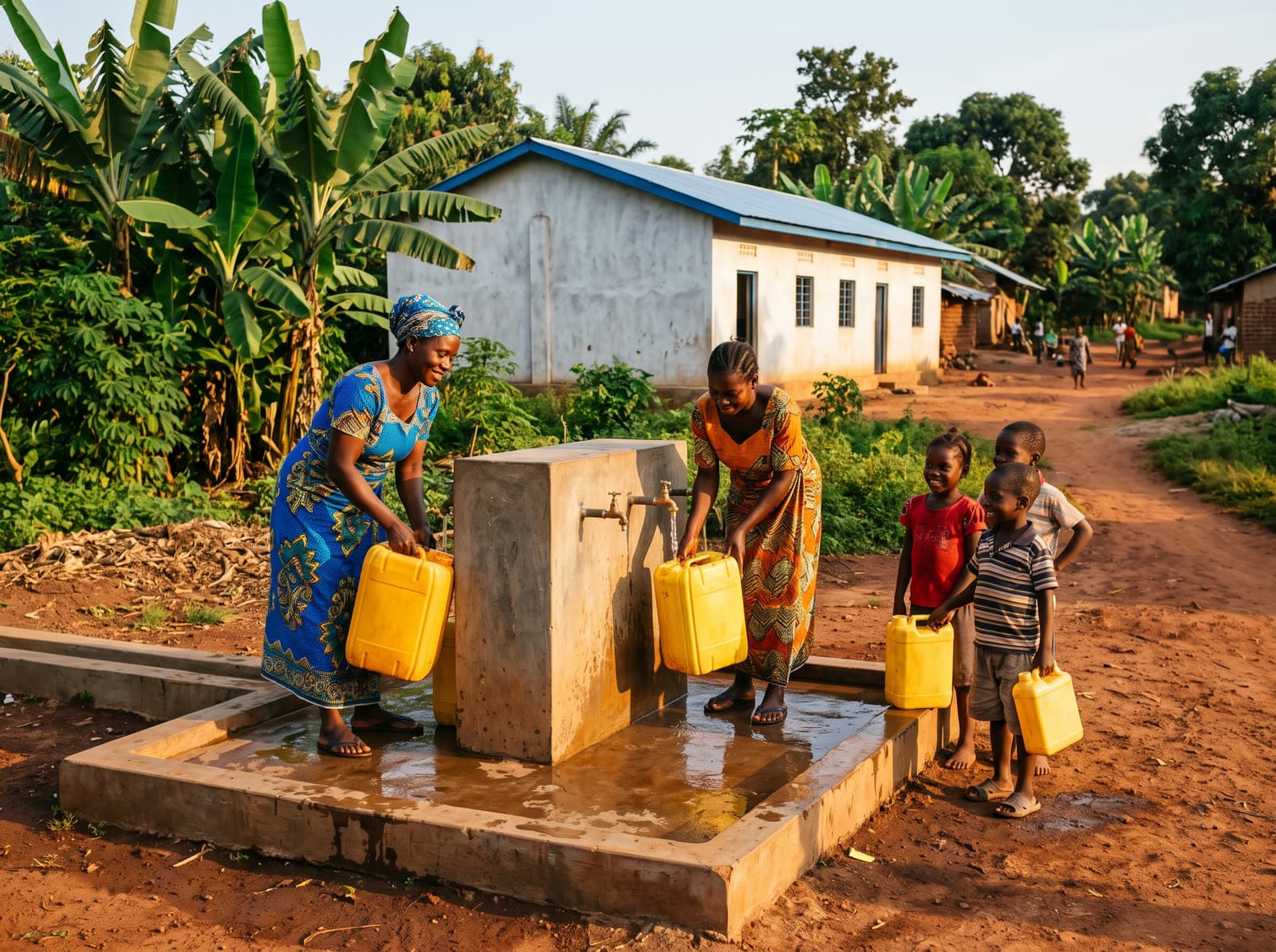 Un point d'eau de village, deux femmes remplissant des bidons, une école derrière